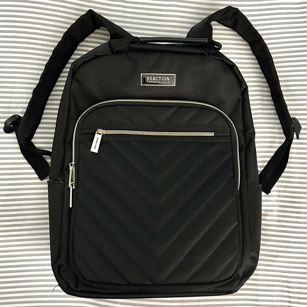 Kenneth Cole Reaction black quilted laptop backpack with trolley strap